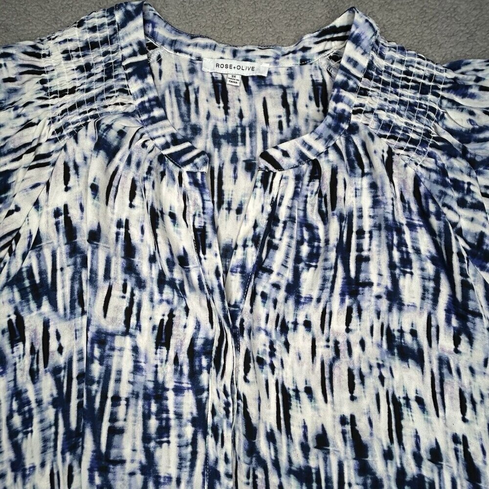 Rose+Olive Top Womens 3X Plus Size Blue Tie Dye Abstract Smocking Office Casual